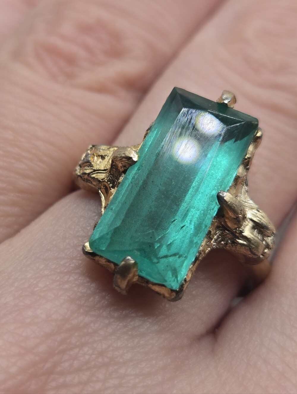 Emerald Cut Solitaire Ring Gold Tone Green Crystal Victorian Revival VTG Sz8 ADJ